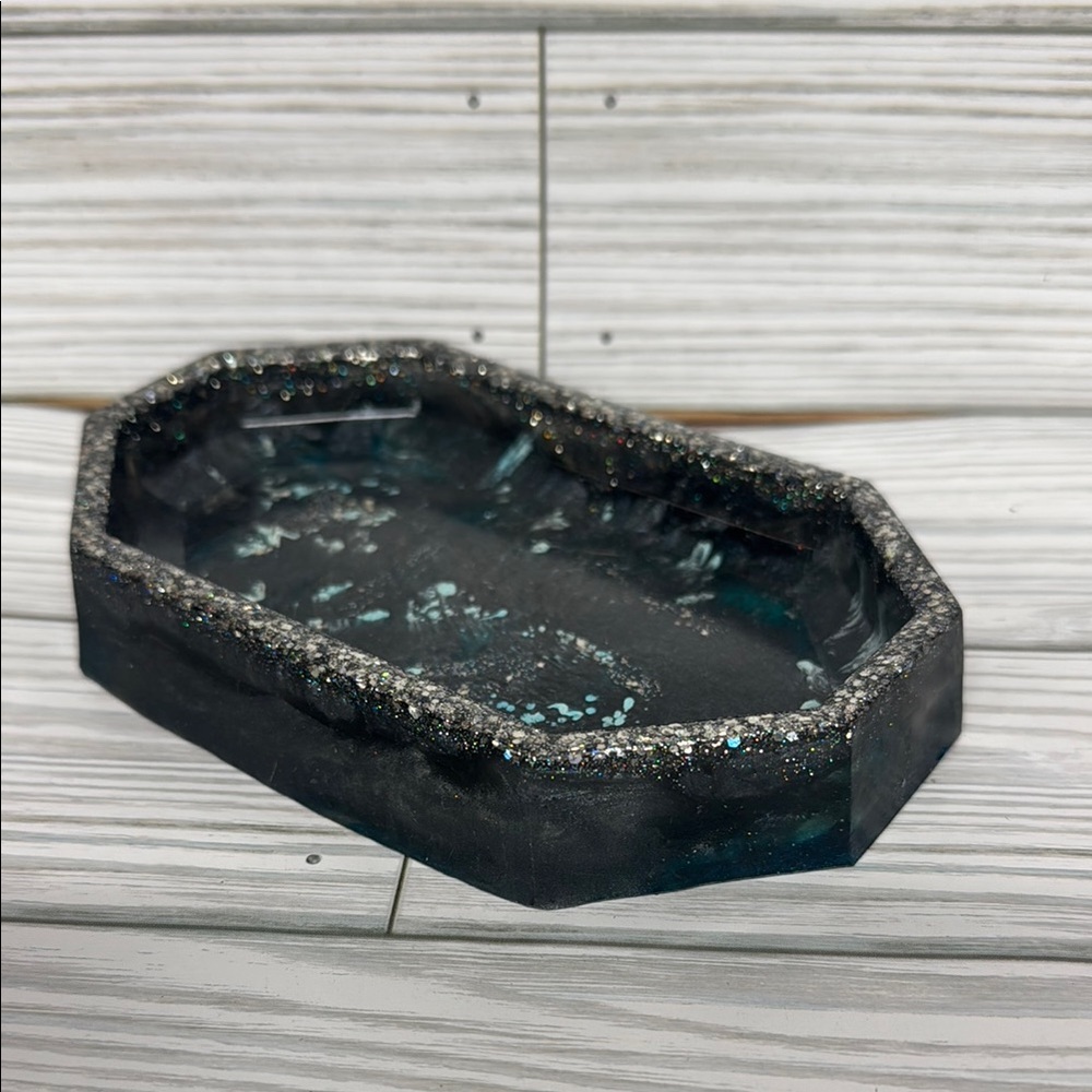 Silver and Blue Vanity Tray with Organic Shape
